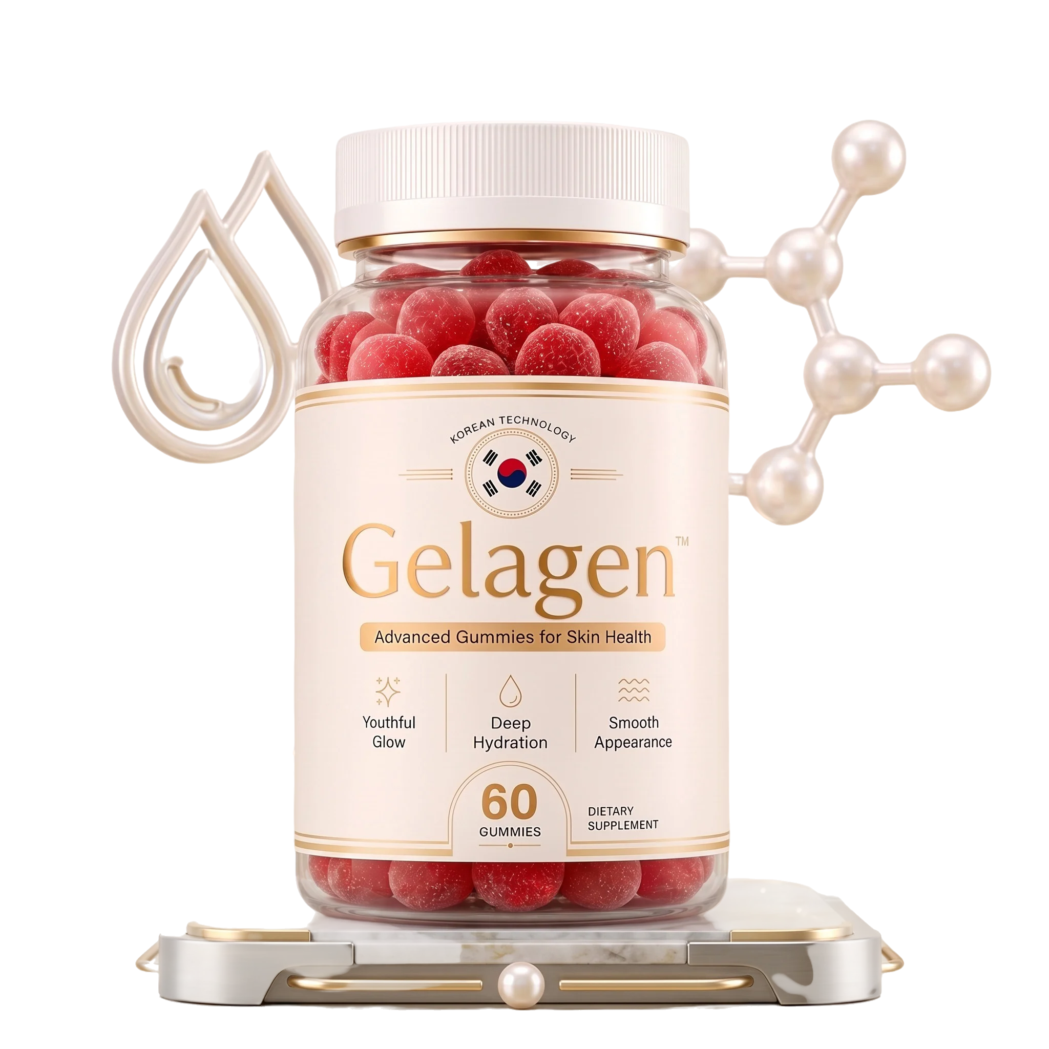A bottle of Gelagen advanced gummies for skin health, 60 raspberry gummies, shown with pearls and a moisture droplet